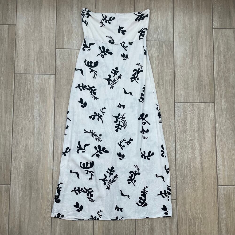 Paper Heart Linen Midi Dress Womens L White Black Print Strapless Back Zip